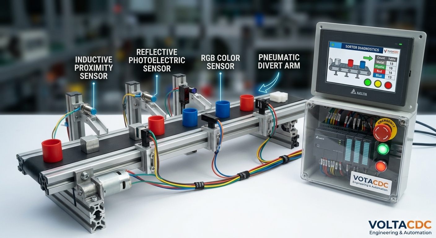 Close-up view of sensors and pneumatic diverter mechanism in PLC sorting system plc conveyor sorting mechanism close up