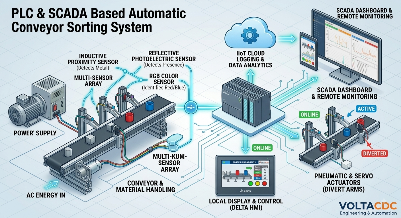End-to-End Workflow Infographic Diagram of PLC and SCADA Sorting System plc scada conveyor system workflow infographic
